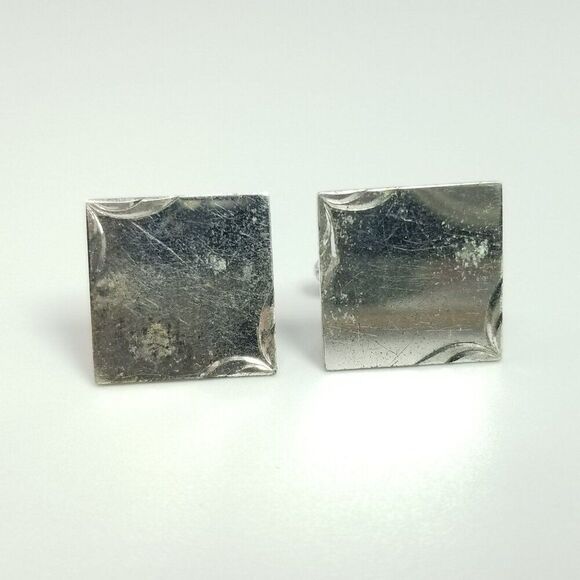 Vintage LaMode Sterling Silver Square Etched Bullet Back Cufflinks, Estate - Picture 3 of 8